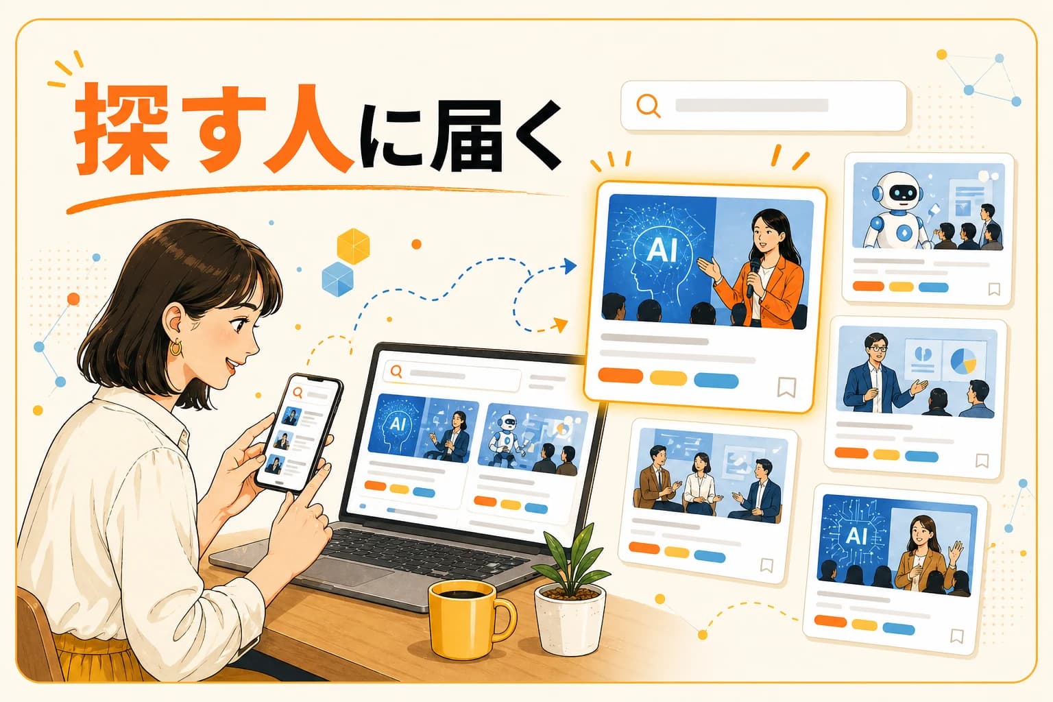 参加者がAIイベントを検索し、関連イベントを見つける様子のイラスト